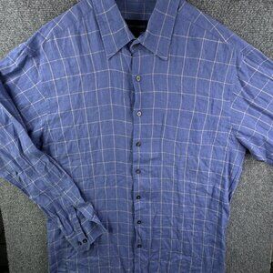 Scott Barber All Linen Button Up Shirt Men Size Medium Blue Check Long Sleeve